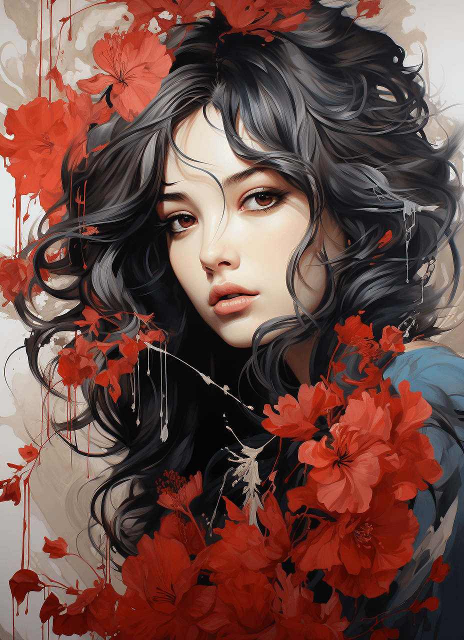 AI generated: a black and white picture of someone painting with red flower, in the style of charming anime charac...