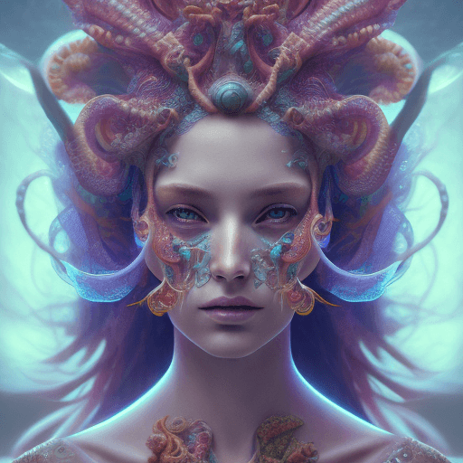AI generated: Goddess close-up portrait ribcagel. jellyfish phoenix head, nautilus, orchid, skull, betta fish, bio...