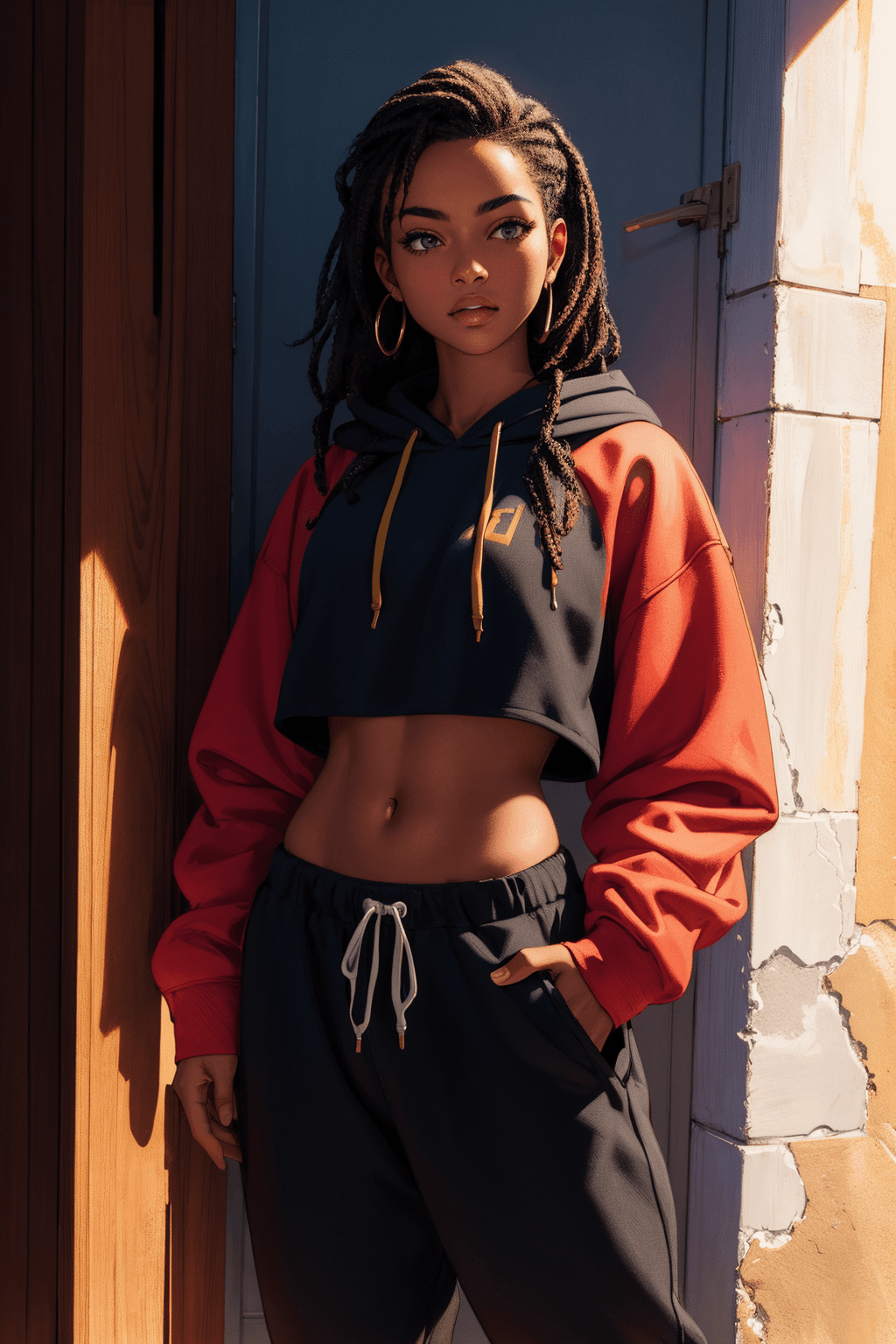 AI generated: Beautiful teen, bright jambalaya (cropped hoodie), baggy black joggers, Morocco, dramatic lighting, ...