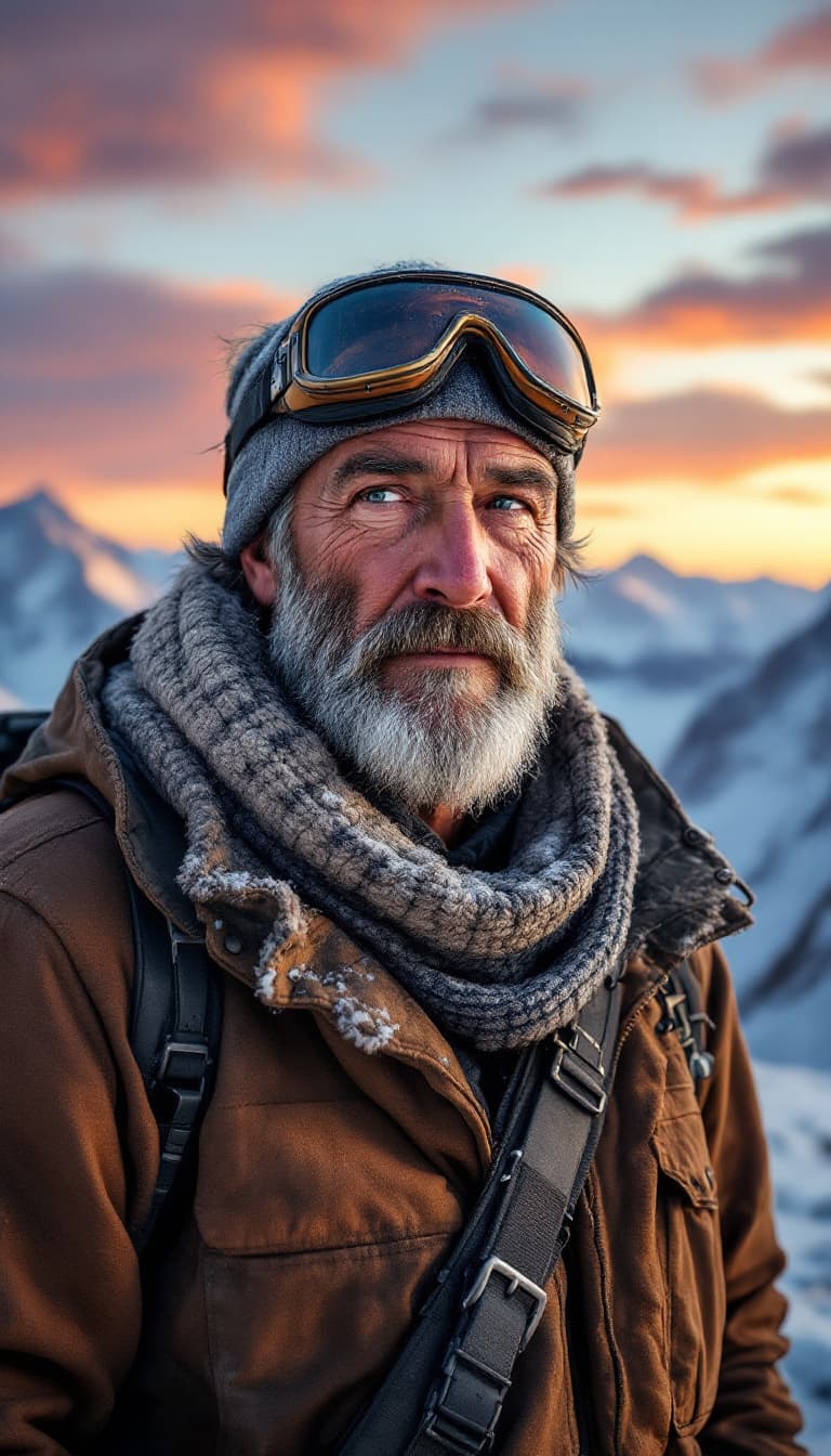 AI generated: A highly detailed, ultra-realistic portrait of a middle-aged explorer standing on a snowy mountain p...
