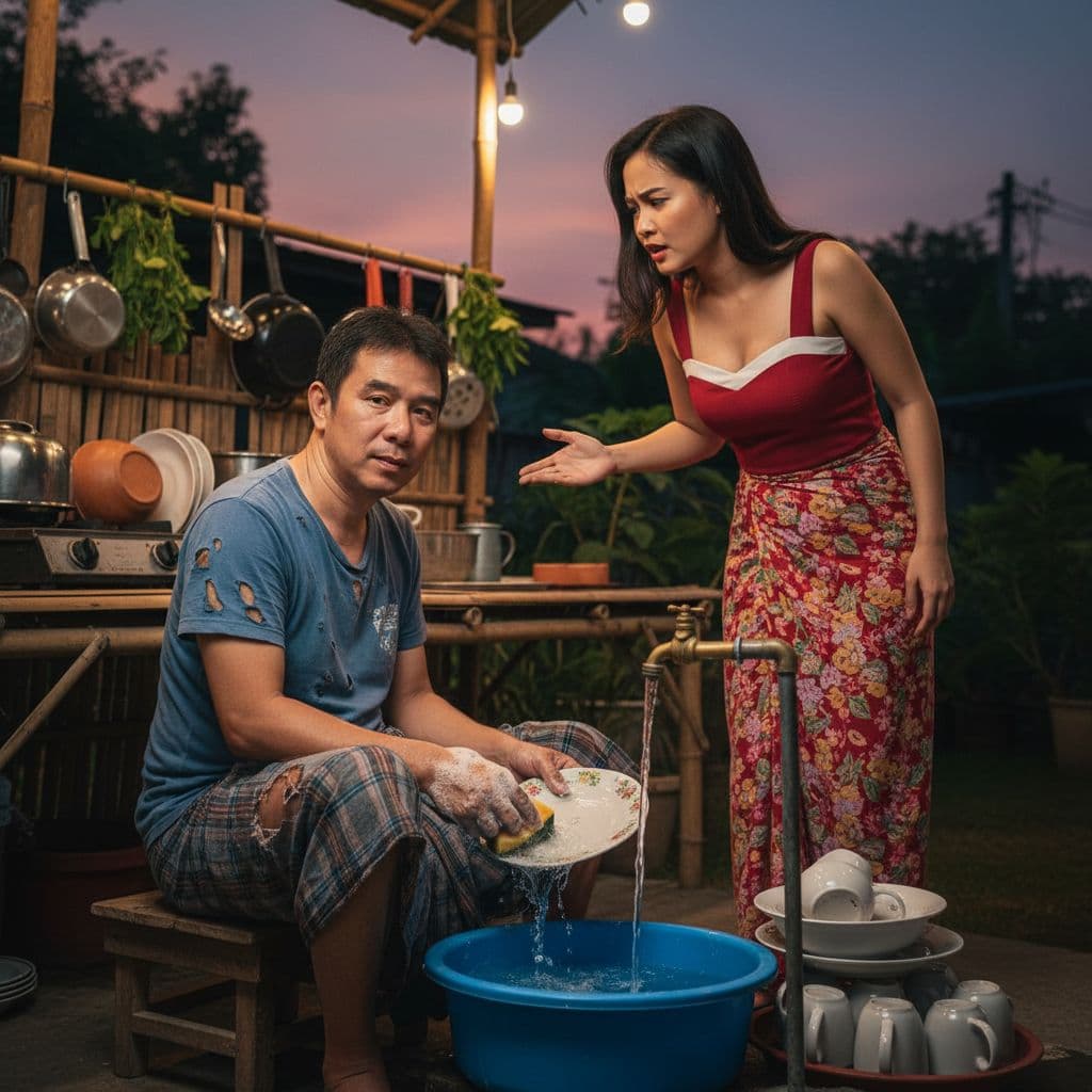 AI generated: สร้างภาพ ให้ผู้ชาย กำลัง นั่งล้างจาน ข้างเขา มีภรรยา กำลังยืนบ่นอยู่ ในมือซ้ายของเขาถือจาน มือขวาถือ...