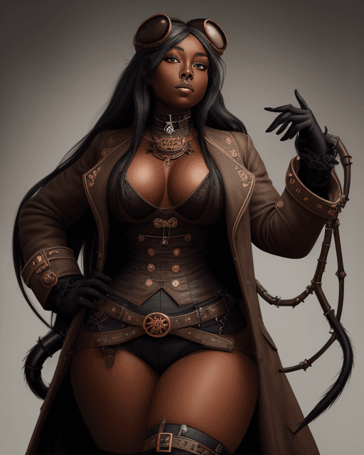 AI generated: dark skin, steampunk, coat, thick thighs, goddess, long hair, black, spider motifs