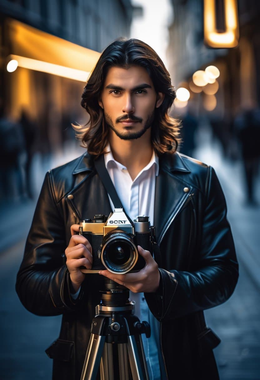 AI generated: hyper realistic photograph, photograph of an photographer holding a film camera, he is in town, watc...