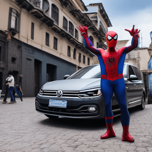 AI generated: Spideman in Quito iside a Volkswagen Car