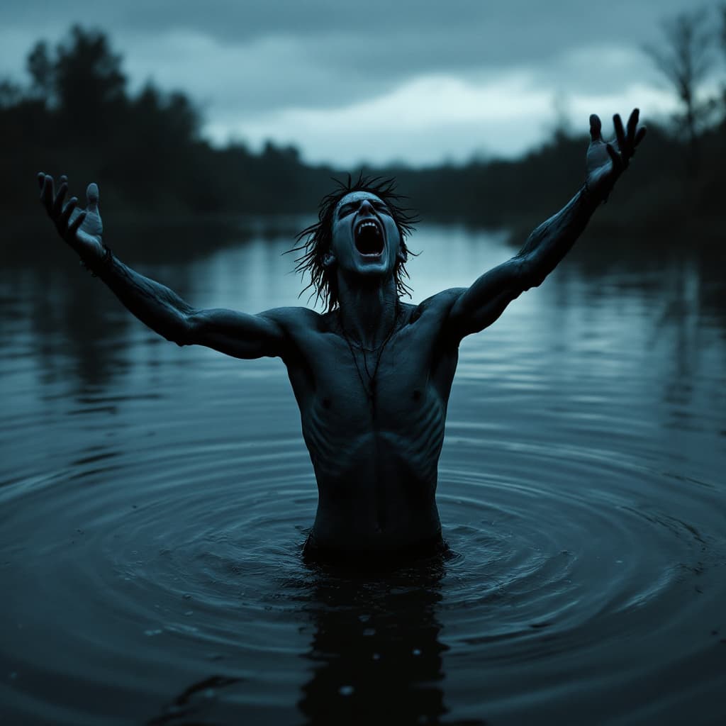 AI generated: A very skinny goth punk guy stands waist-deep in a lake, passionately beseeching the gods. With arms...