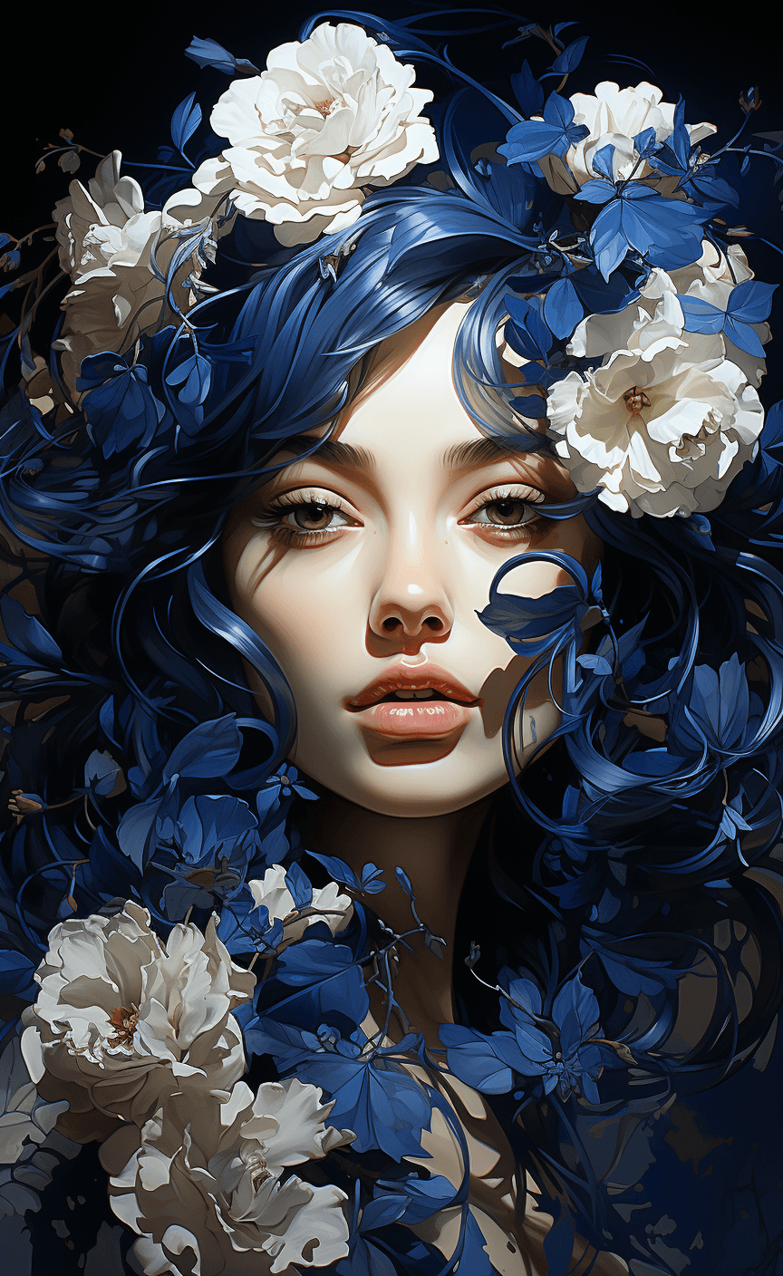 AI generated: a beautiful picture of a girl with blue flowers on her face, in the style of monochromatic paintings...