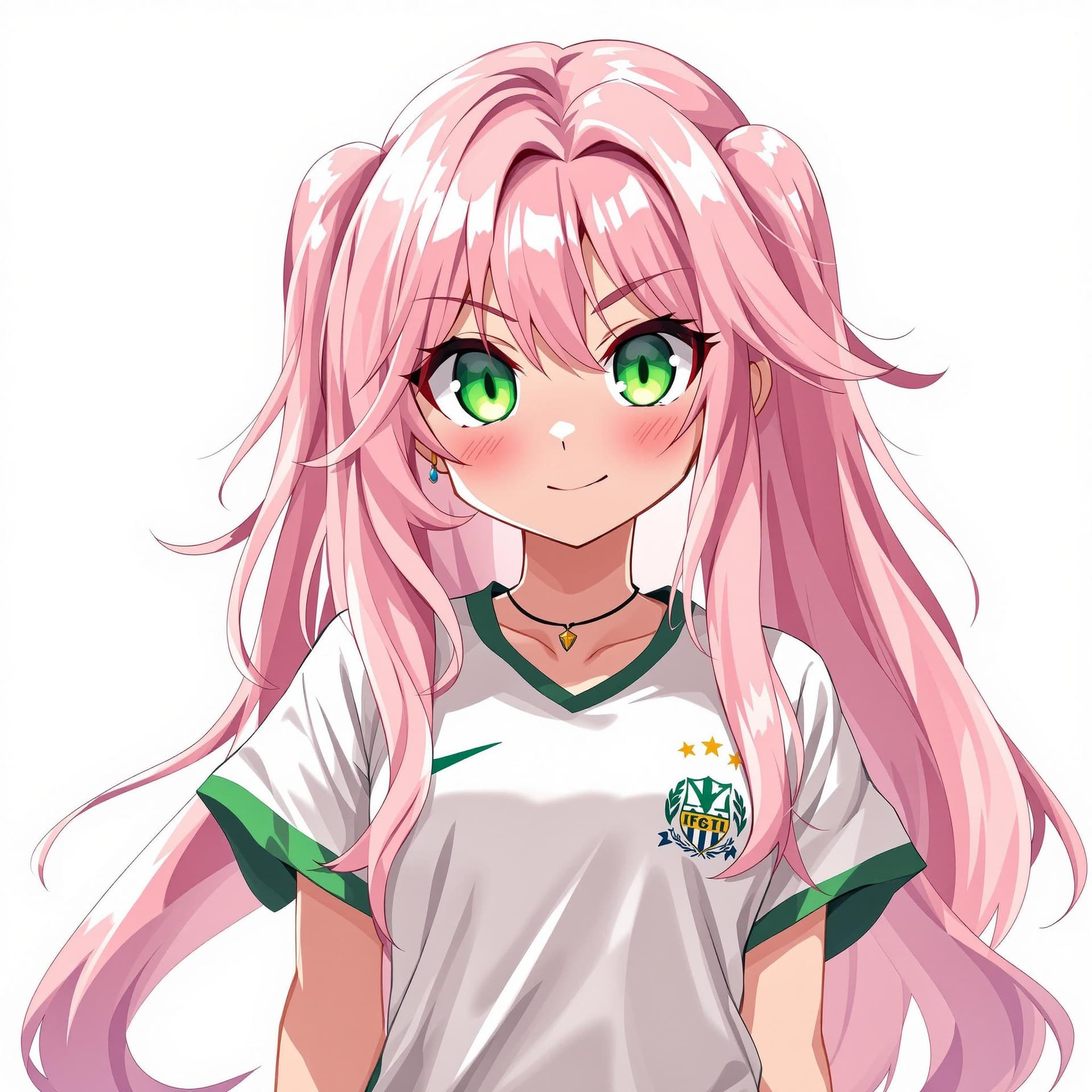 AI generated: Chica de anime, pelo color rosa , hojos color verde , con grandes proporciones , que tenga camiseta ...