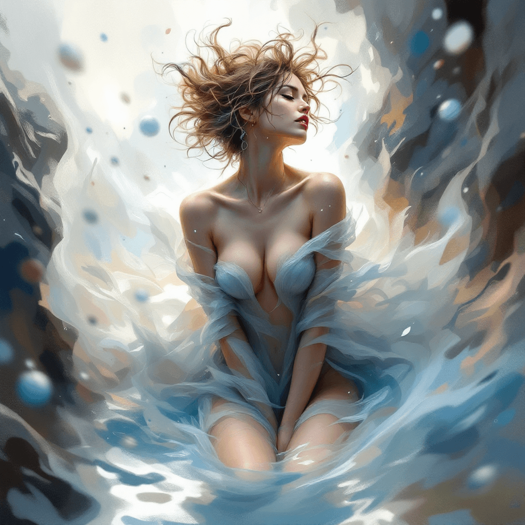 AI generated: Prompt 9: "A woman depicted in a fantasy world with a blurred photorealistic background, and her bod...
