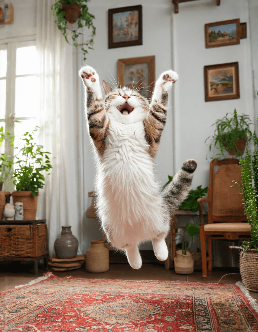 AI generated: The image depicts a whimsical scene featuring an animated ((Pixar Style)) white cat with brown strip...
