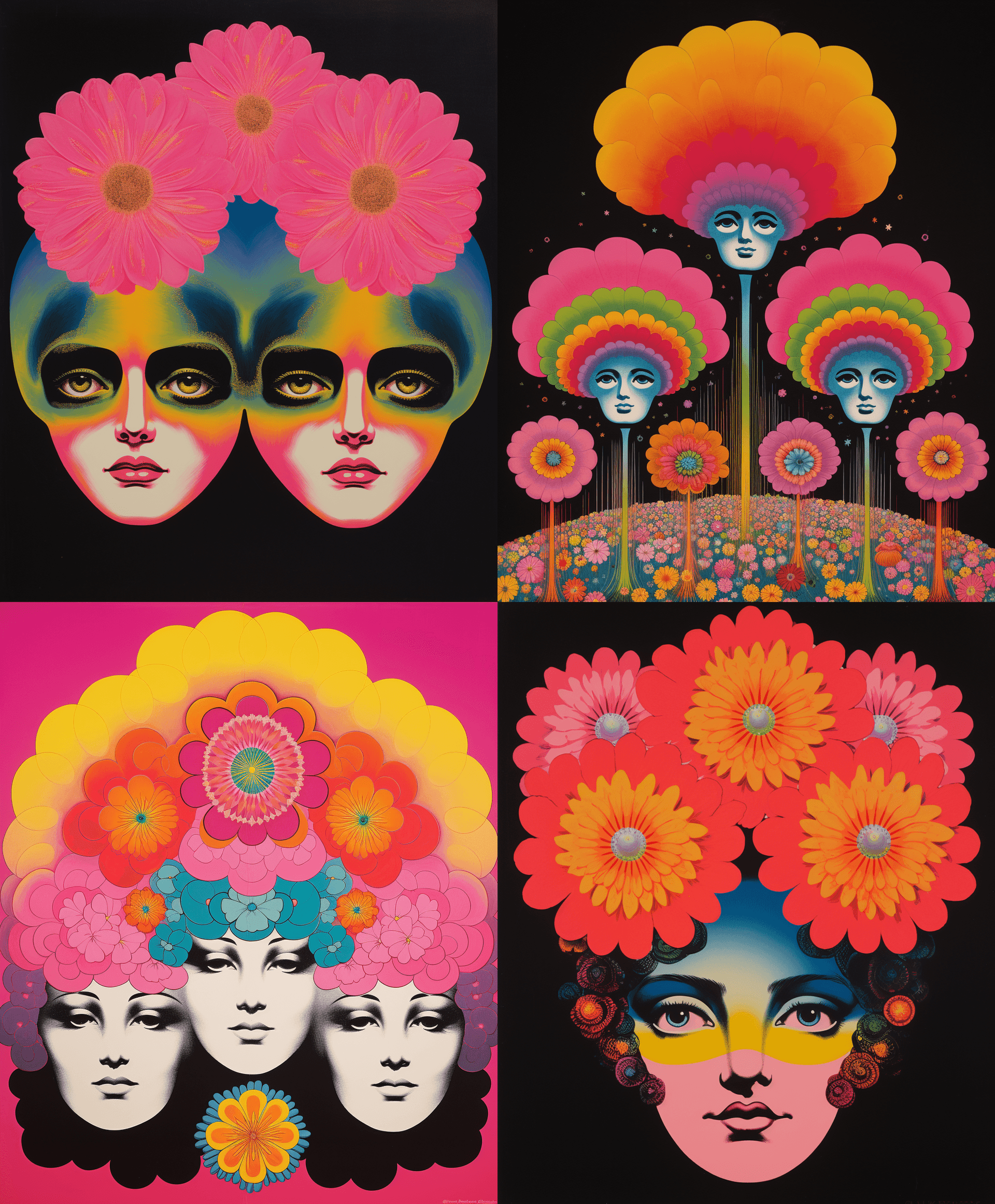 AI generated: A pink flower in the middle of three human heads on a rainbow and black background, in the style of ...