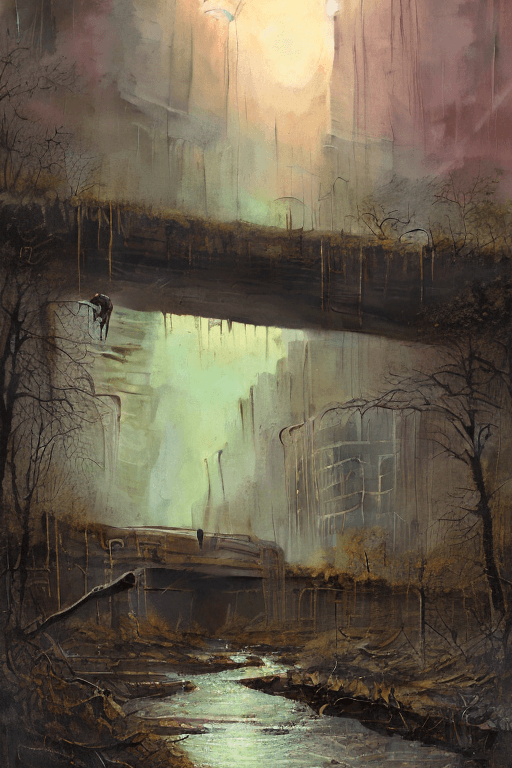 AI generated: rocky overgrown river canal in ruined apocalyptic sci-fi city, temples, sci-fi military ship,  flore...