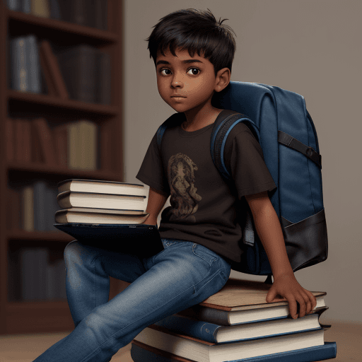 AI generated: realistic little brown skinned boy with black t shirt and blue jeans sitting on books with back pack...