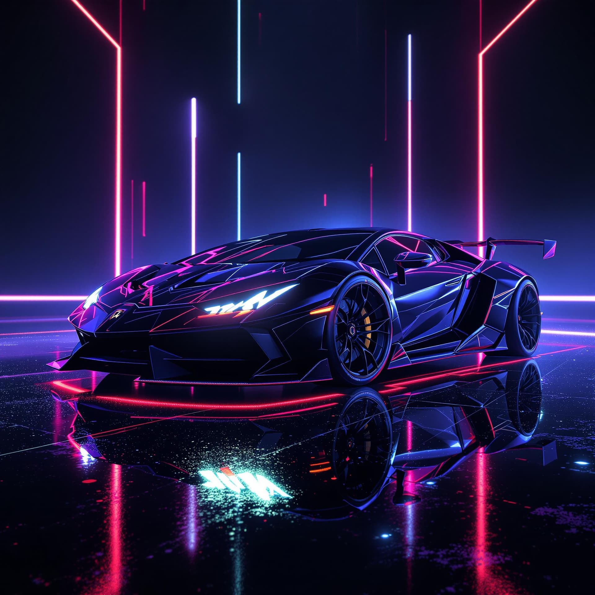 AI generated: lamborghini sports car with neon highlights with a dark cyberpunk background and glossy floor reflec...