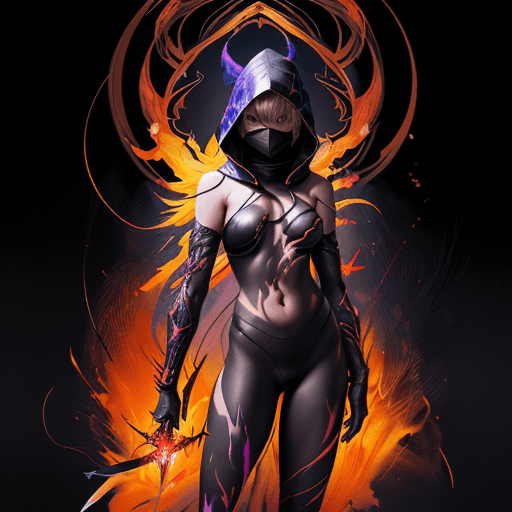 AI generated: masterpiece, Asia Ninja girl, wearing a hood, blonde hair, shrouded in shadows, holding a flaming da...