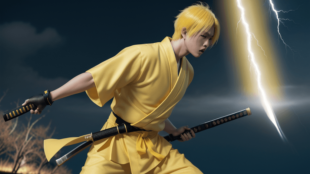 AI generated: a boy named Zenitsu using thunder breathing, yellow haired guy, katana in hand, wearing yellow Japan...