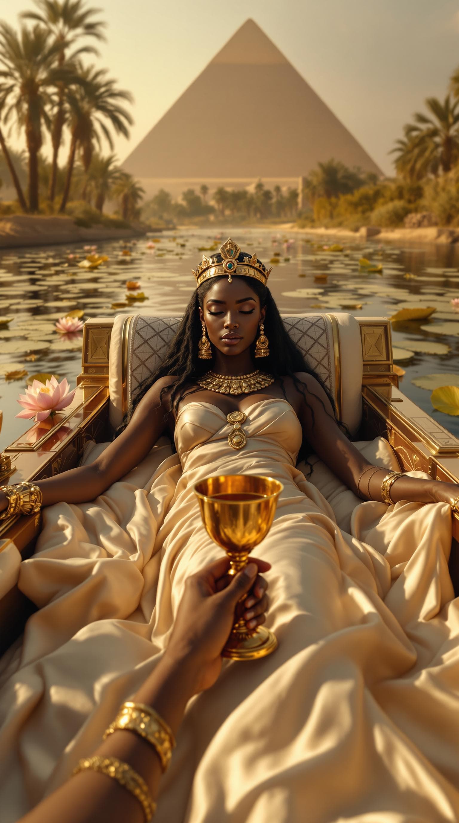 AI generated: A hyper-realistic first-person perspective of black African Cleopatra VII reclining on a silk-covere...
