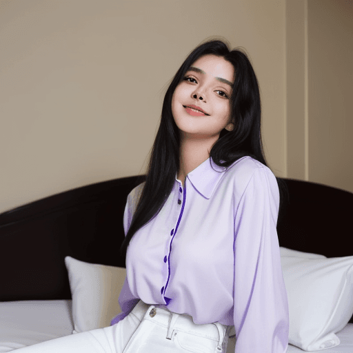 AI generated: A pretty 19 year old sitting on a hotel bed. She is wearing white jeans and a cute, purple blouse. S...