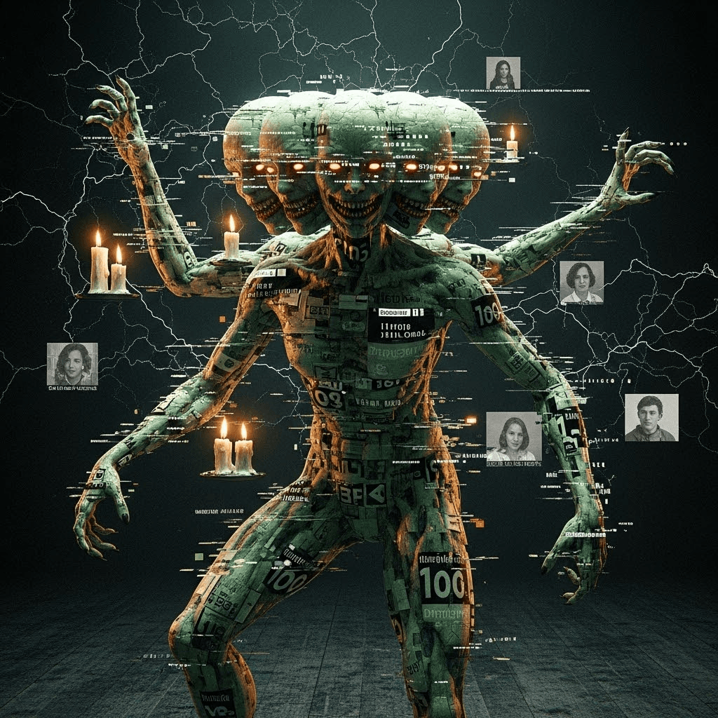 AI generated: A being made of corrupted code and flesh — faces shifting like corrupted JPEGs, limbs jittering betw...