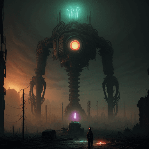 AI generated: imon Stålenhag Influence: In a post-apocalyptic landscape, a giant, biomechanical creature stands am...
