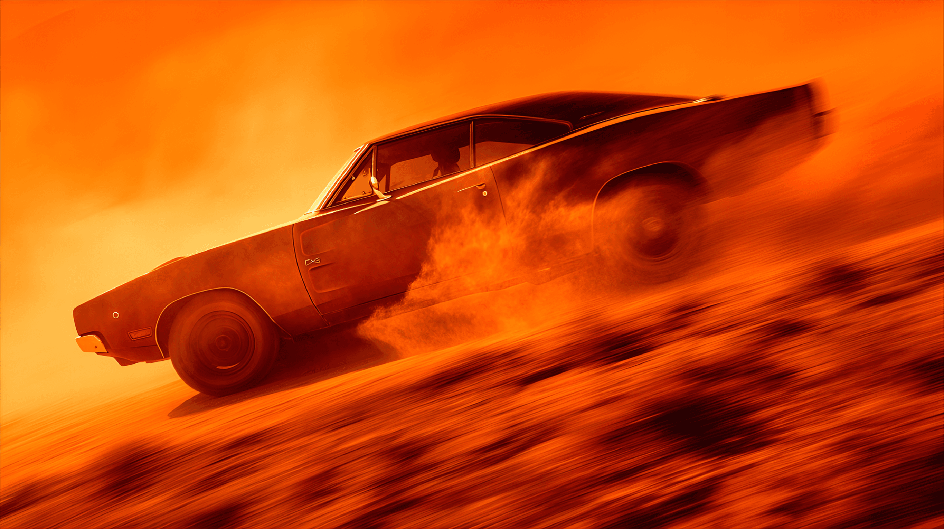 AI generated: abstract photography, muscle car roaring down a desert road, power unleashed, dust trails, sharp con...