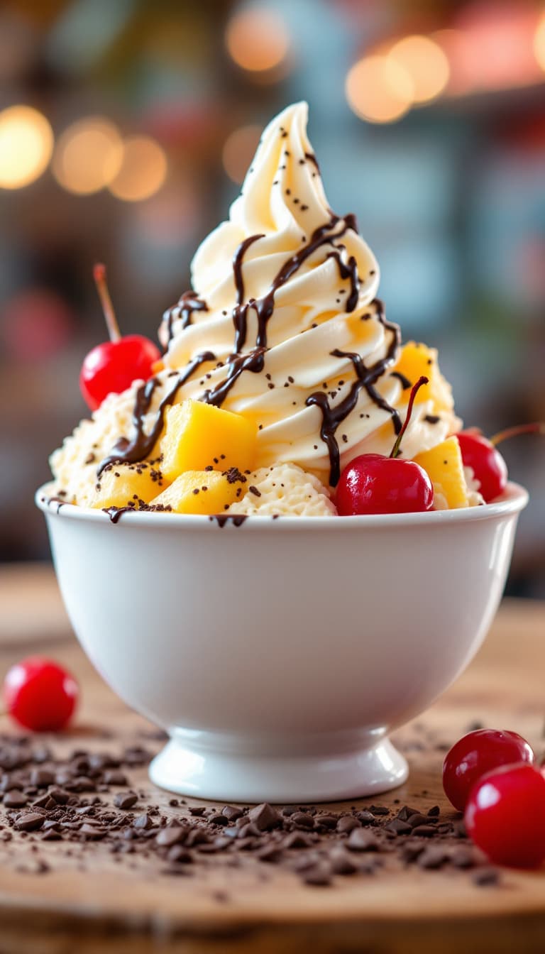 AI generated: bowl of delicious icecream, topped with cream, pineapple, cherries, sprinkeld with chocolate, hi glo...