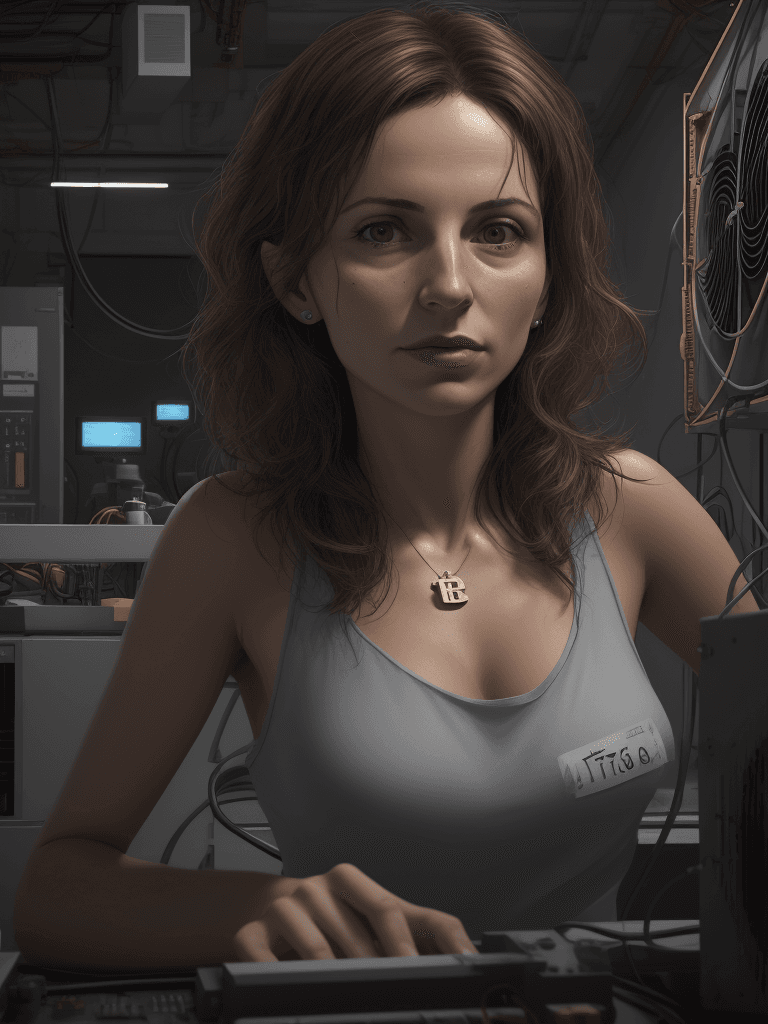 AI generated: ((Paola Torrente)) in a bitcoin mining lab, photorealism --v 5