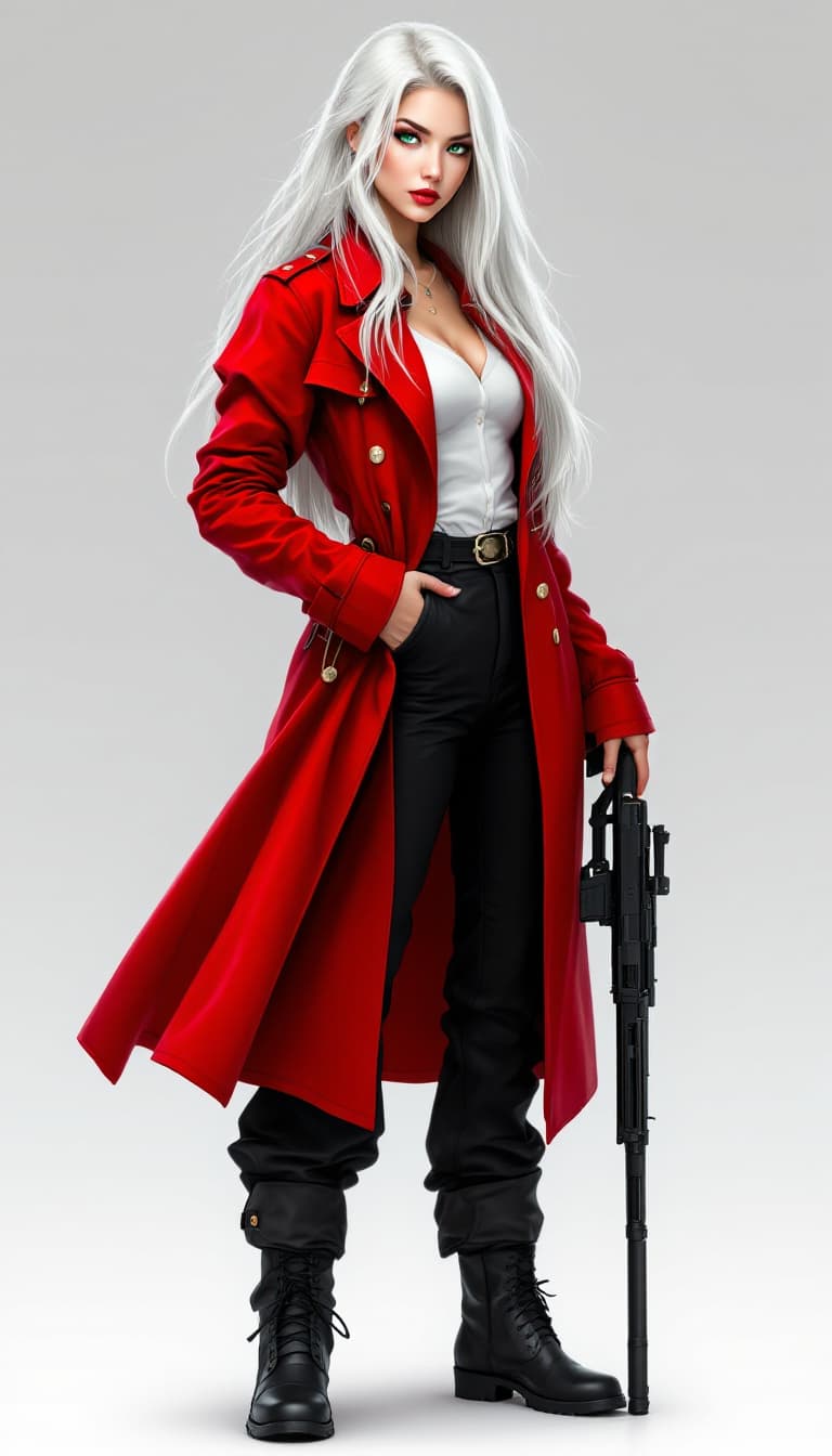 AI generated: "Arctic Vanguard in Crimson": A stunning digital art piece showcases a female figure in high-definit...