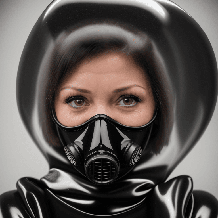 AI generated: hyper realistic headshot photo of a 40 year old woman, wearing a latex gas mask, a latex catsuit wit...