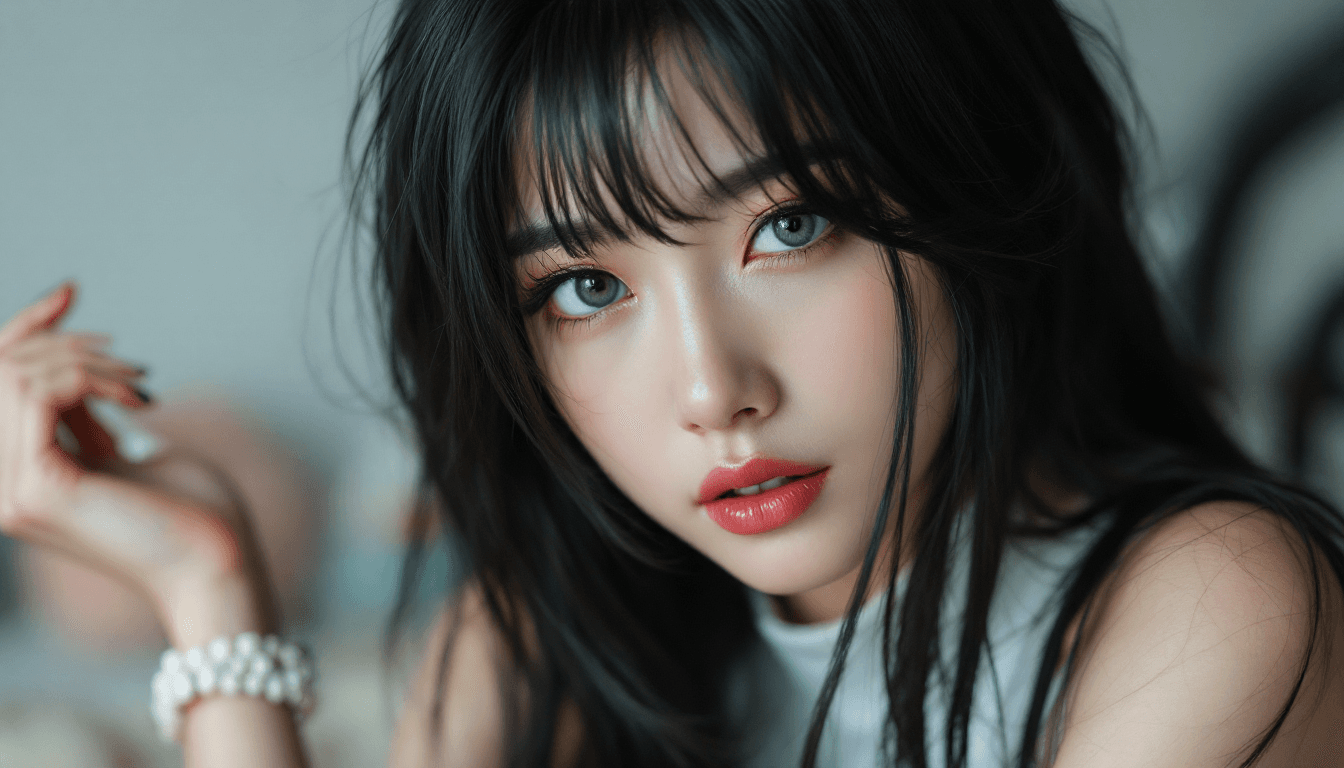 AI generated: ((realistic cinematic portrait of a Korean woman))，SFW, Blowout Long Dark Hair, perfecct face, Skinn...