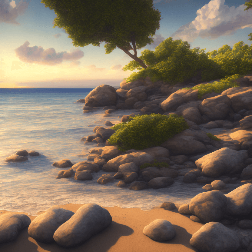 AI generated: photorealistic oil on canvas, small clouds, beach, trees, rocks, beautiful setting, evening, warm gl...