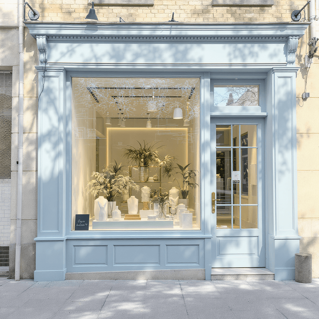 AI generated: illustration, store facade, facade feature clean lines with a sophisticated pastel blue palette, int...