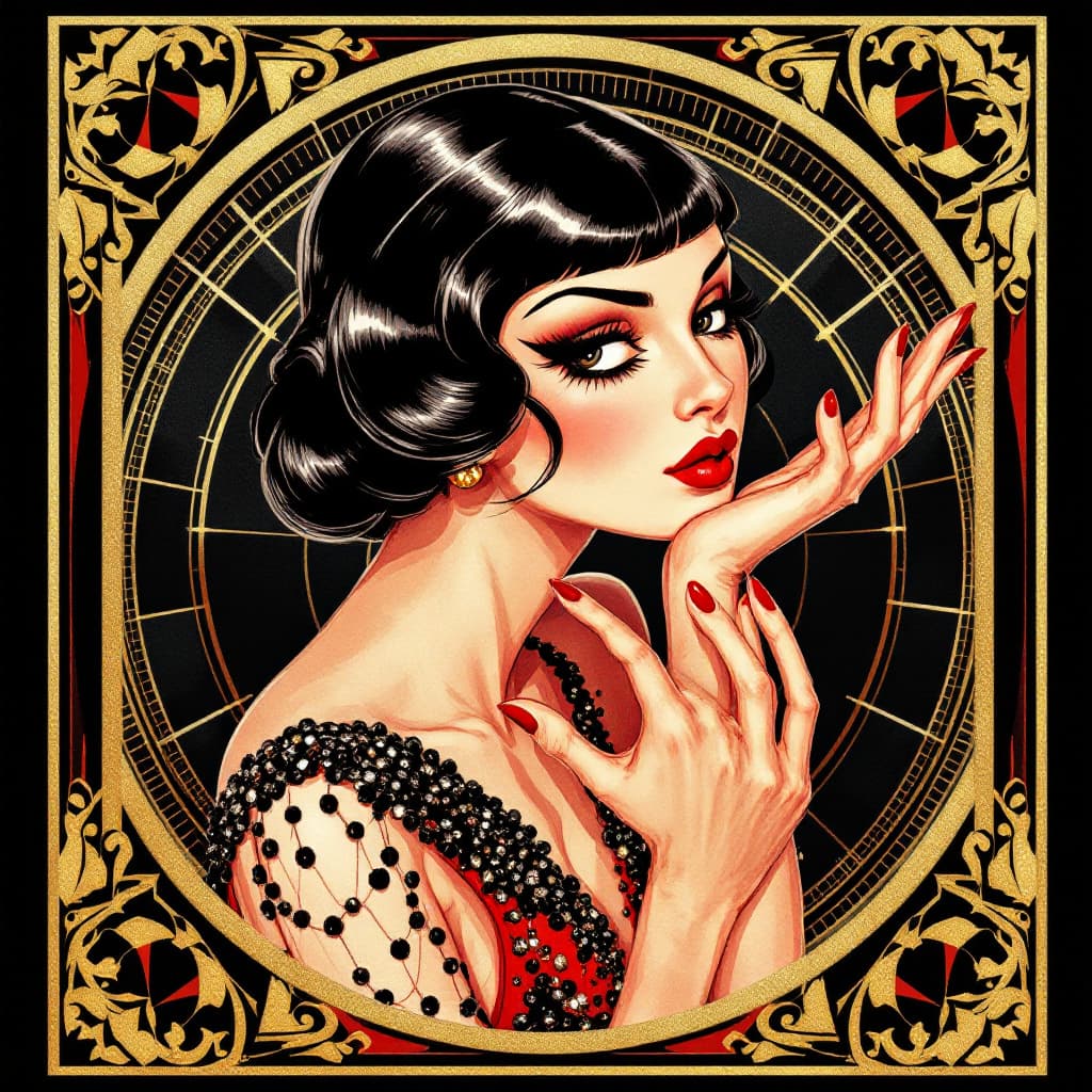 AI generated: A luxurious 1920s Art Deco-style poster in a palette of rich gold, deep black, and crimson red. A gl...