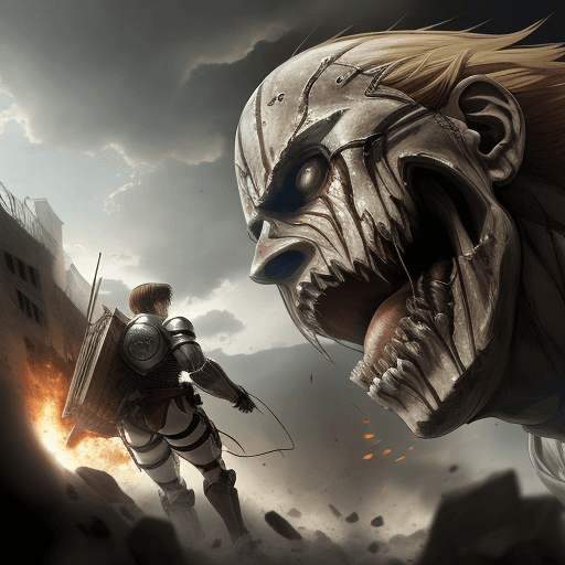 AI generated: masterpiece, cinematic scene, award winning, cinematic angle, Attack on titan, Levi versus armored T...