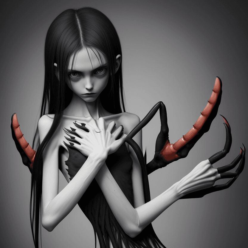 AI generated: woman's arms with hands with black long curved claws of skinny anorexic girl