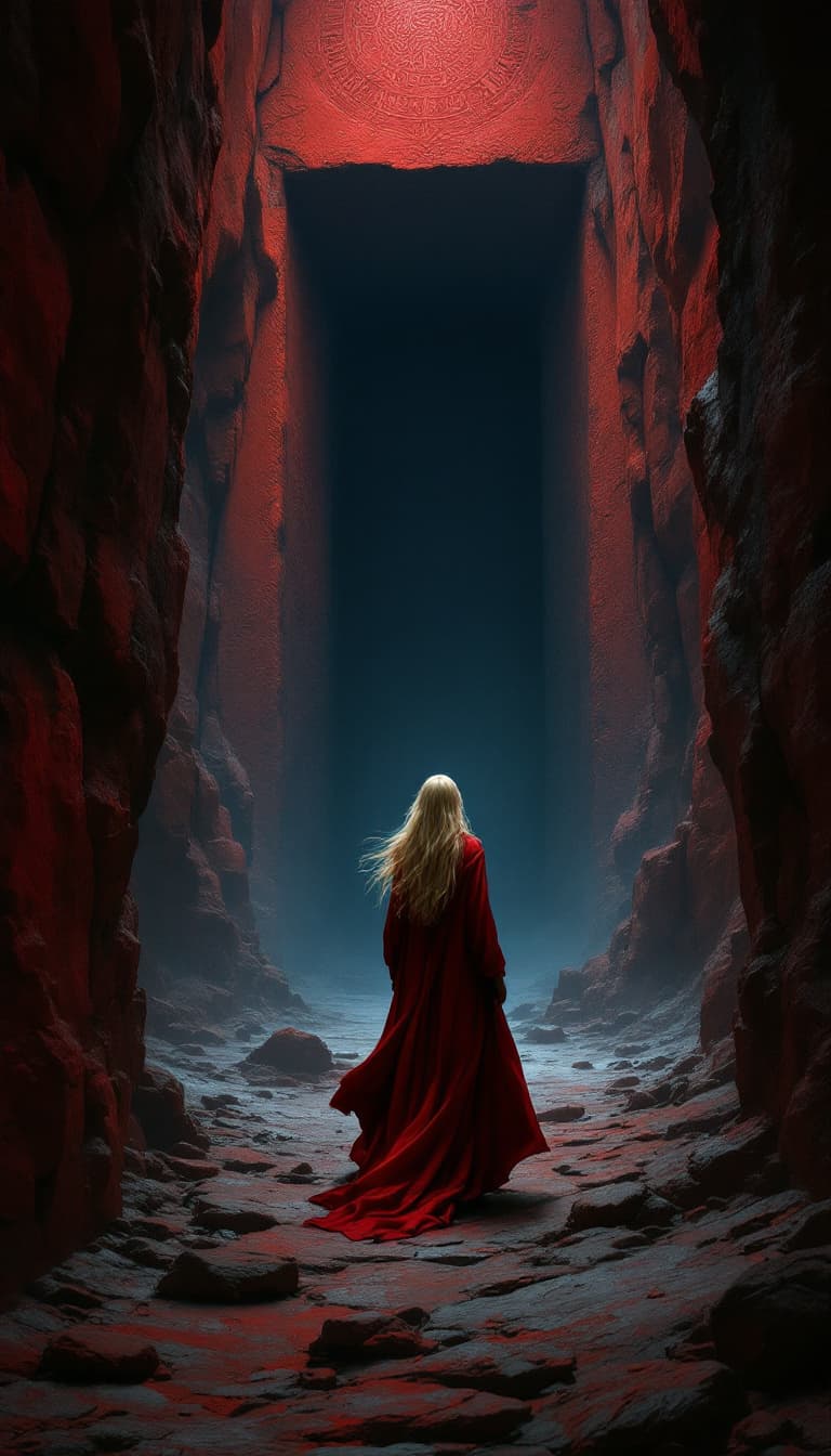 AI generated: A high-quality, zoomed out, panoramic, atmospheric classic painting depicting a lone female figure w...