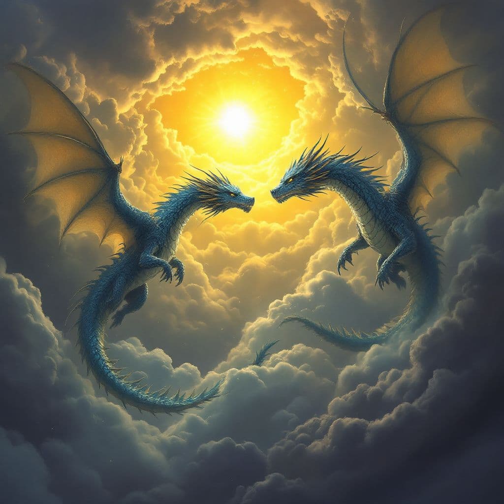 AI generated: Two magnificent dragons fly through the air around, their scales glinting like diamonds in the light...