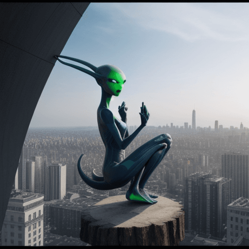 AI generated: an alien sitting on top of building from another world look at city of that other world
