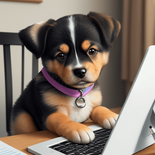 AI generated: "Generate a charming image of an intelligent and hardworking puppy sitting in front of a computer. T...