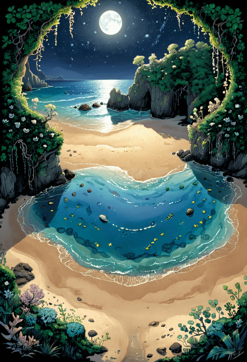 AI generated: comic <lora:xl_more_art-full_v1:1>,<lora:DreamARTSDXL:1>,A moonlit beach where the sand is a mix of ...