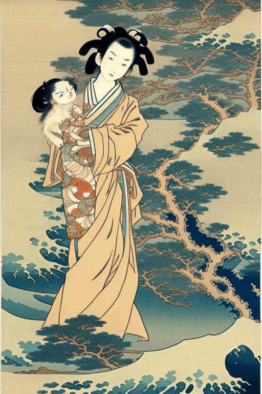 AI generated: Hokusai style artwork with trees, a beige background and in the middle a brown haired girl with a gr...