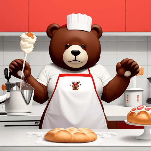 AI generated: Create an image of the Osito bear, the mascot of Bimbo Bakeries, in a vibrant kitchen setting. The b...
