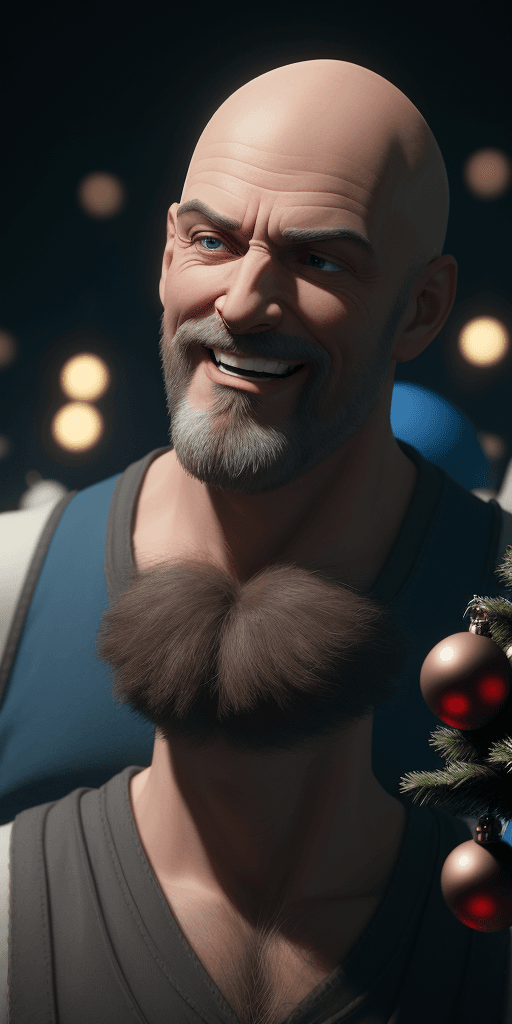 AI generated: Bald man looking at hairy man, laughing, against the background of a Christmas tree with blue toys, ...