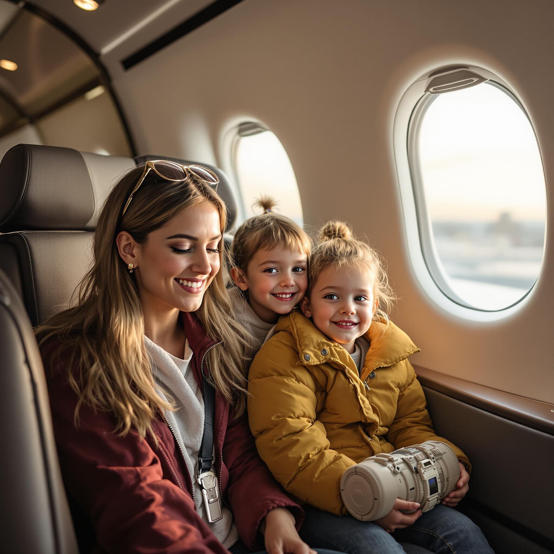 AI generated: familia con 2 niñas rubios, 3 niños rubios, con su padre y su madre morenos, airport, jet private, h...