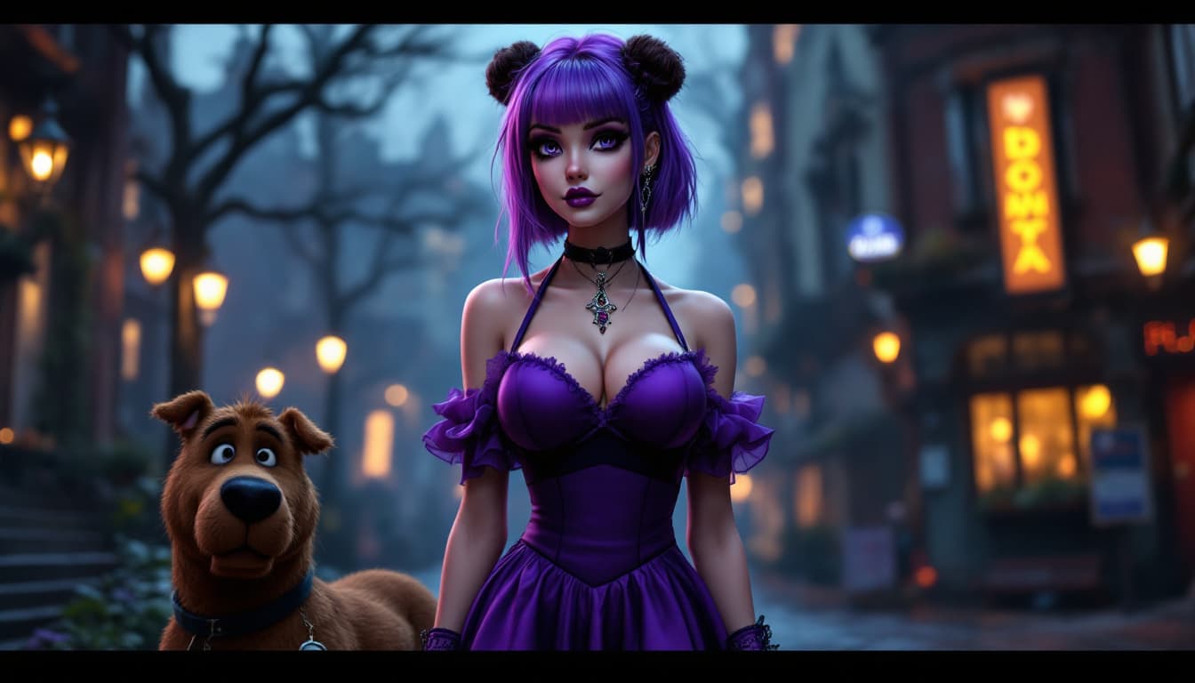 AI generated: a cartoon goth girl aesthetic, Daphne from scooby-doo, a woman wearing a two toned purple dress, hug...