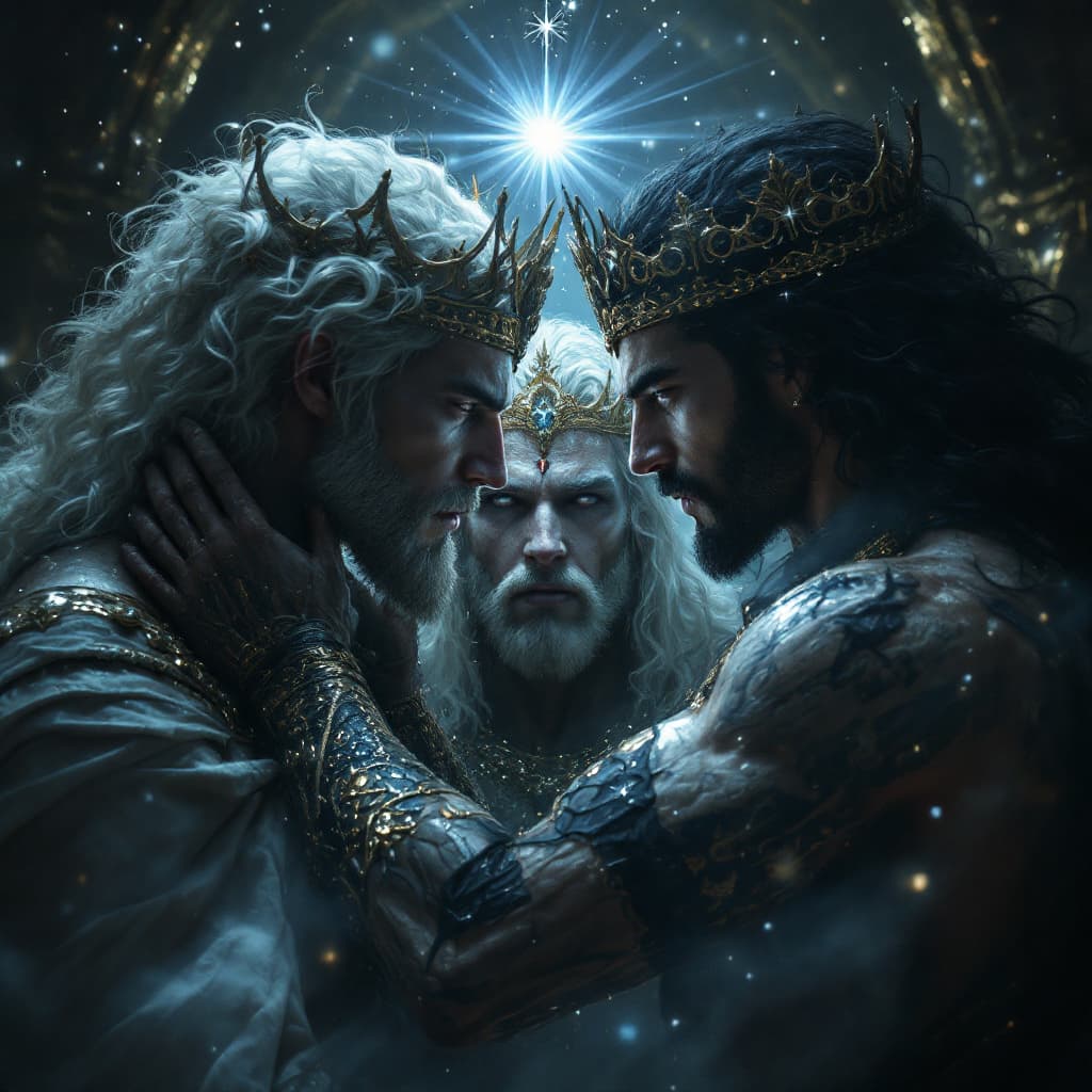 AI generated: TRES REYES MASCULINOS LOS TRES UNO PIEL BLANCA OTRO DE PIEL MORENA Y EL OTRO PIEL NEGRA INCADOS BAJO...