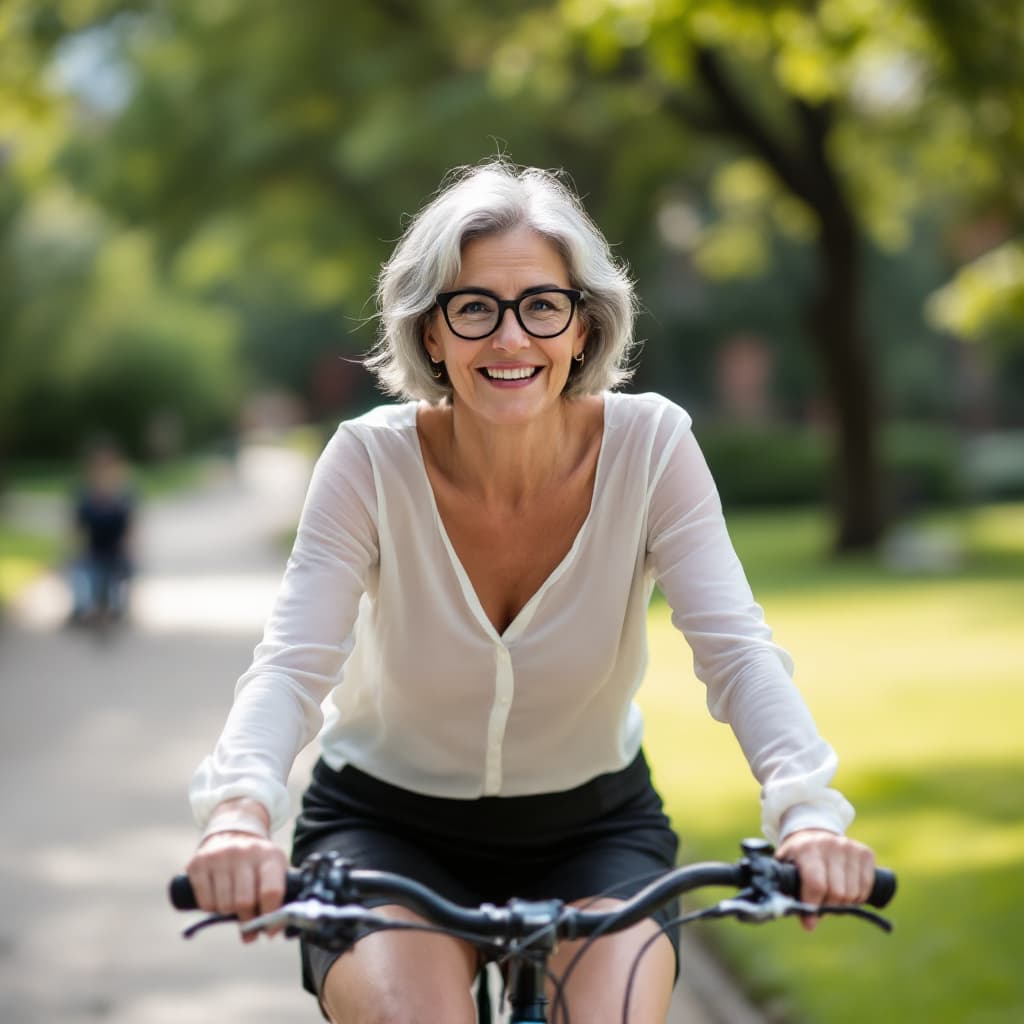 AI generated:  a  mature woman. She is riding her bicycle through the grounds of Hall. She is wearing a thin white...