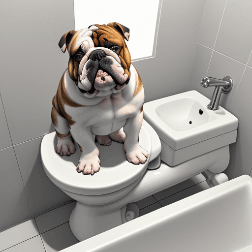 AI generated: fantastic english bulldog gray and white color, in the bathroom on the bidet, While sitting on the b...