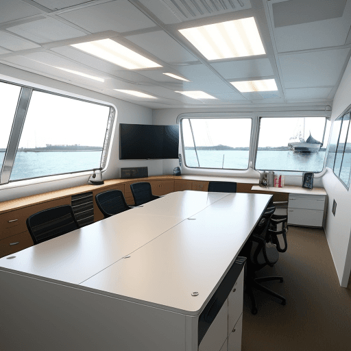 AI generated: Modern office space, workspace for 12 people, boats decoration, sailing decoration.