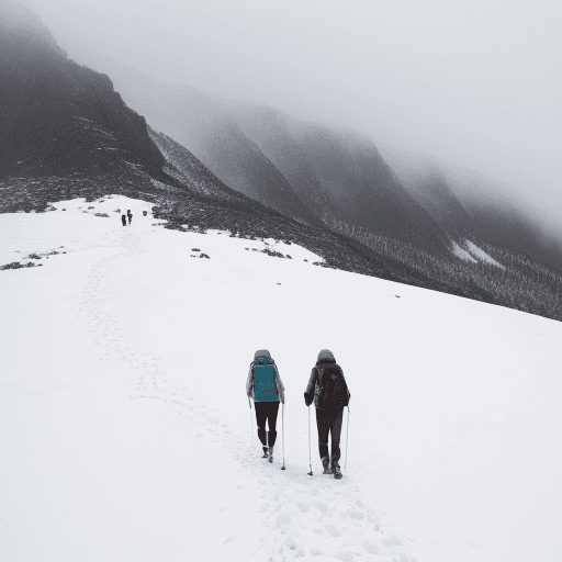 AI generated: Two travelers walking up a mountain covered in heavy snow