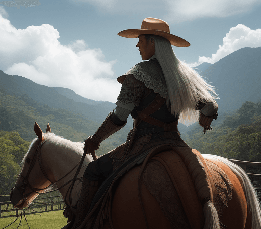 AI generated: from_below riding horse EvelynNobodySD15 colombia, beautiful man with his wife, Colombia mountains d...